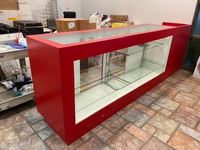 Glass Front & Top Retail Showcase Reception Counter w/ Rear Sliding Doors, Glass Shelves 10ft