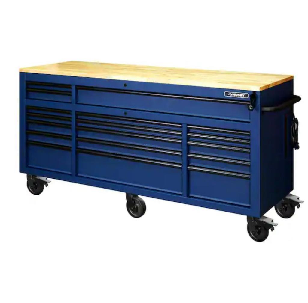 Husky 72in - 18-Drawer Adjustable Solid Wood Top Mobile Workbench, Textured Matte Blue