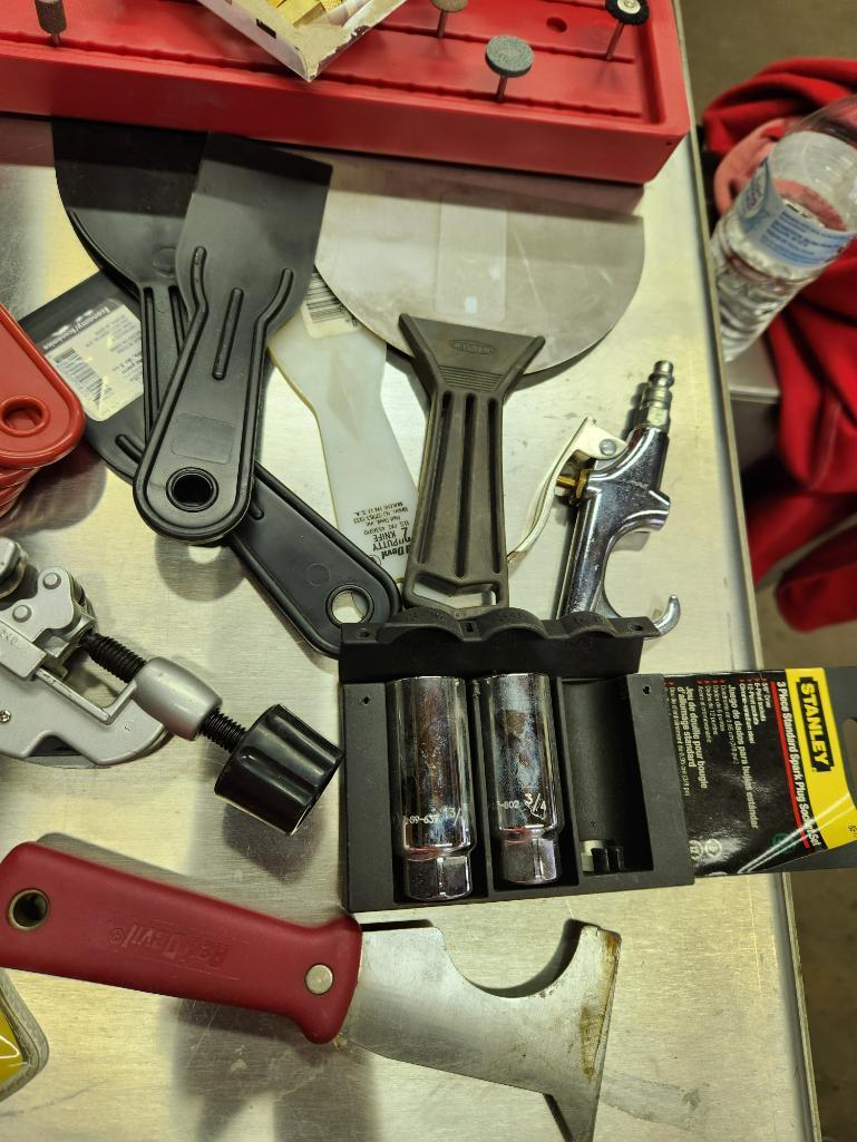Group of Tools, Putty Knives, Caulk Guns, Tube Cutter, Misc. Tools