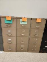 Lot of 3 Metal 4-Drawer File Cabinets 18" x 28" x 52" - (1) Cabinet w/ Working Lock but No Key