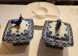 Blue & White Porcelain Pagoda Jars & Serving Tray
