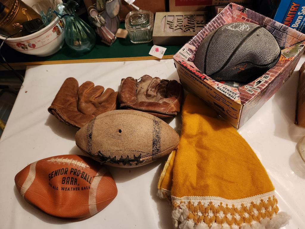 Vintage Footballs, Baseball Glove & Basketball