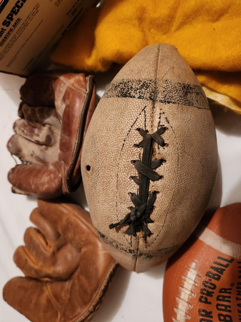 Vintage Footballs, Baseball Glove & Basketball