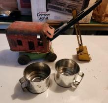 Vintage Excavator Toy & Metal Cups