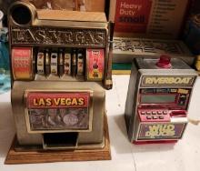 Lot of 2 Vintage Miniature Slot Machine & Riverboat Draw Poker Savings Bank