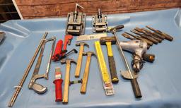 Large Group of Hand Tools, Trim Saw, Drill Press Vises, Hammers, Mallets, Hack Saw, Heat Gun and