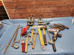 Large Group of Hand Tools, Trim Saw, Drill Press Vises, Hammers, Mallets, Hack Saw, Heat Gun and