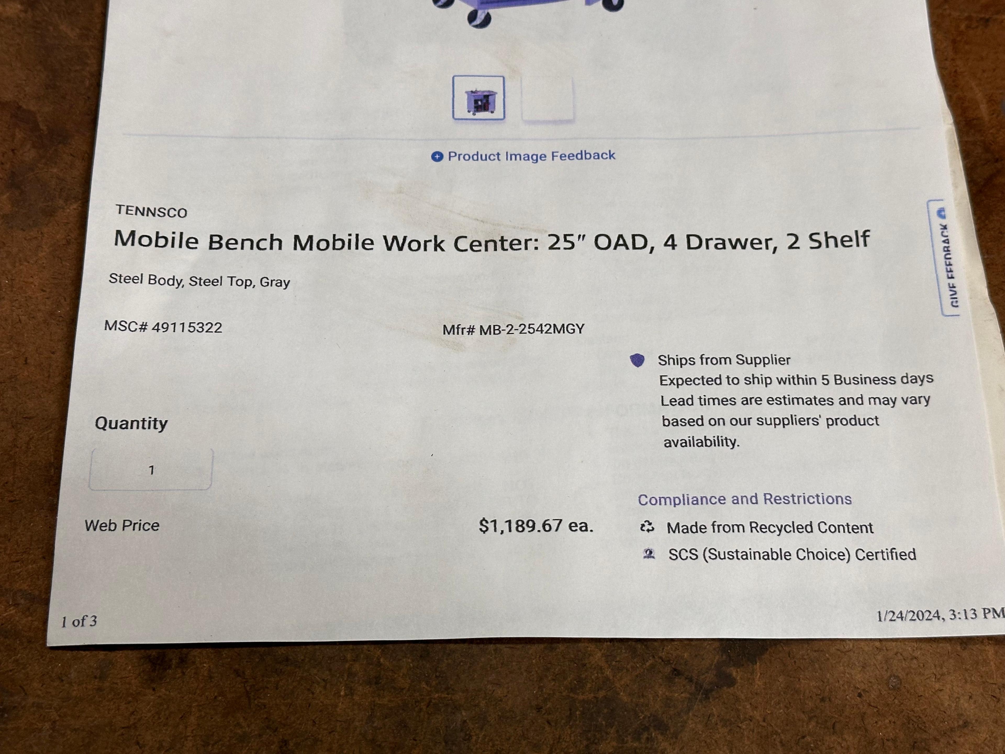 Tennsco Mobile Maintenance Bench Model MB-2-2542 MSRP: $1,189.67