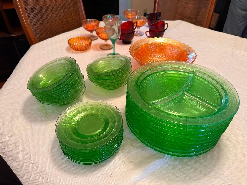 Vintage Green Serving Glass Dinnerware, Carnival Glass Bowl, Glassware