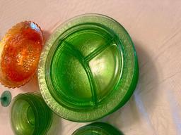 Vintage Green Serving Glass Dinnerware, Carnival Glass Bowl, Glassware