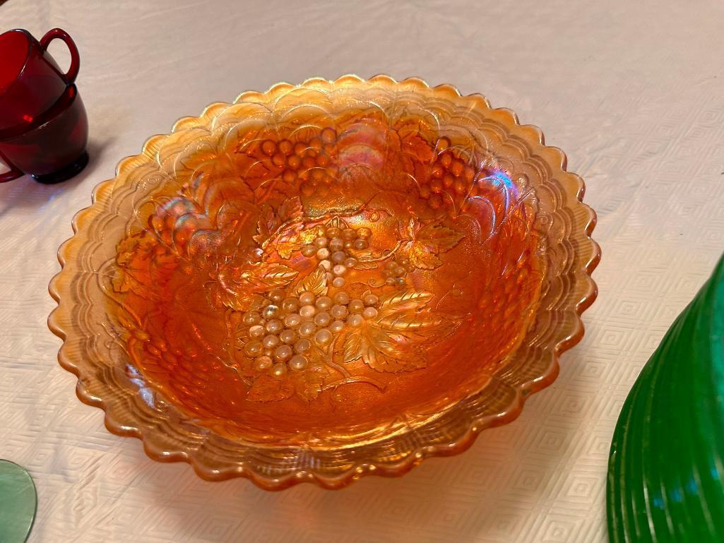 Vintage Green Serving Glass Dinnerware, Carnival Glass Bowl, Glassware