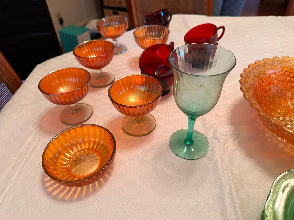 Vintage Green Serving Glass Dinnerware, Carnival Glass Bowl, Glassware