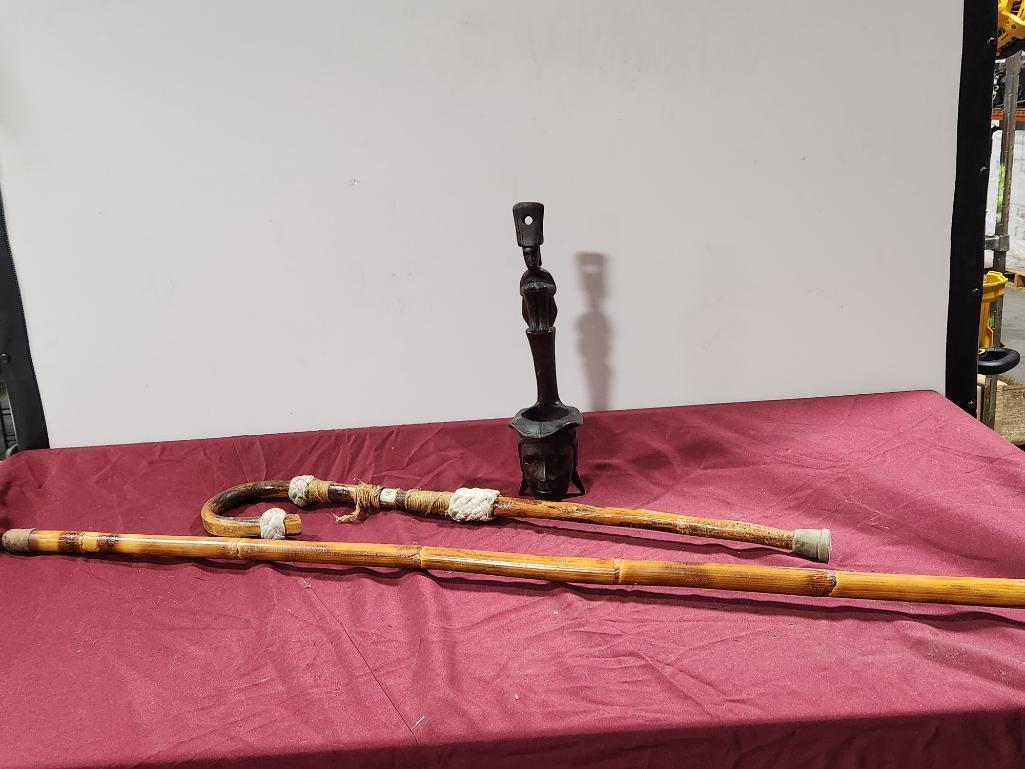 Cane, Walking Stick and Wood Carved African Pipe