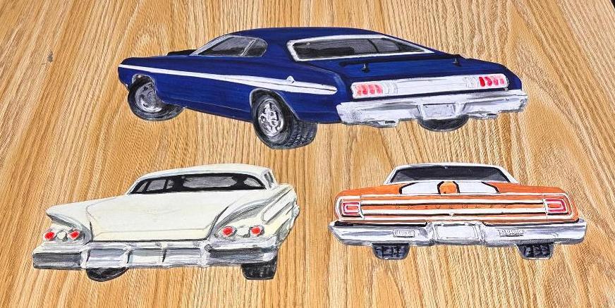 Hand-Painted Classic Car Masonite Wall-Hangings, Emblems and or Cars, Lights Up Under Blacklight