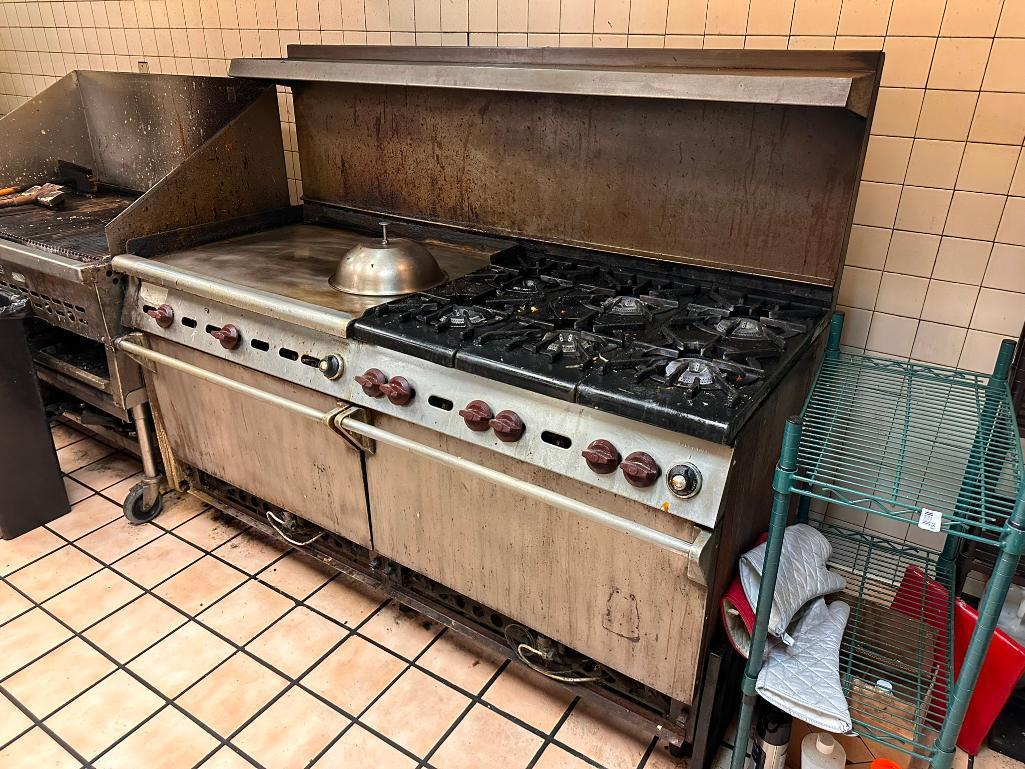 Commercial Double Oven, Six Burner Range and Flat Top Griddle Combo, Working, Unsure of Maker, Gas