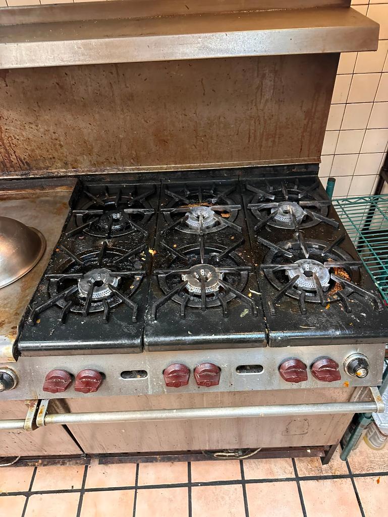 Commercial Double Oven, Six Burner Range and Flat Top Griddle Combo, Working, Unsure of Maker, Gas