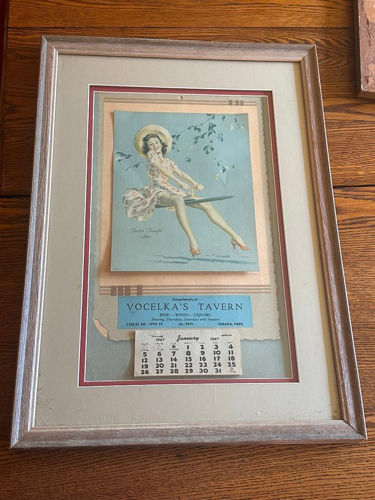 Vintage Advertising Pinup Calendar - c. 1947 - Vocelka's Tavern 1730 S. 13th St Omaha, Nebr. 16in x