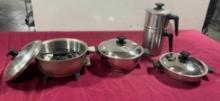 Lot of 4 Vintage Rena Pots, Electric Skillet & Kettle w/ Lid