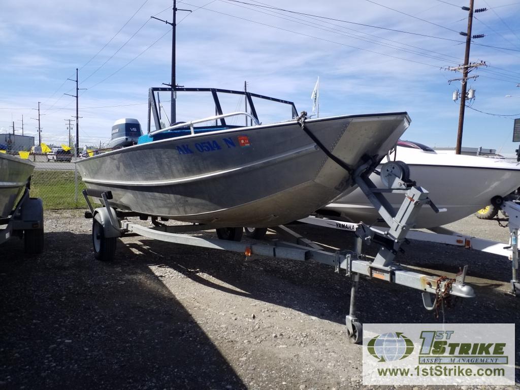 BOAT, HEWESCRAFT 18 FOOT RIVER RUNNER. EVINRUDE OUTBOARD PROP, POWER LIFT. WITH 1986 TRAILER