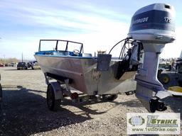 BOAT, HEWESCRAFT 18 FOOT RIVER RUNNER. EVINRUDE OUTBOARD PROP, POWER LIFT. WITH 1986 TRAILER