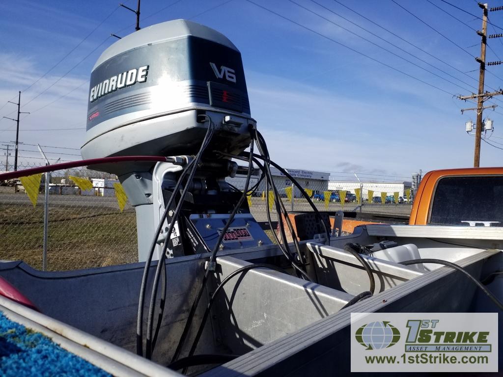 BOAT, HEWESCRAFT 18 FOOT RIVER RUNNER. EVINRUDE OUTBOARD PROP, POWER LIFT. WITH 1986 TRAILER