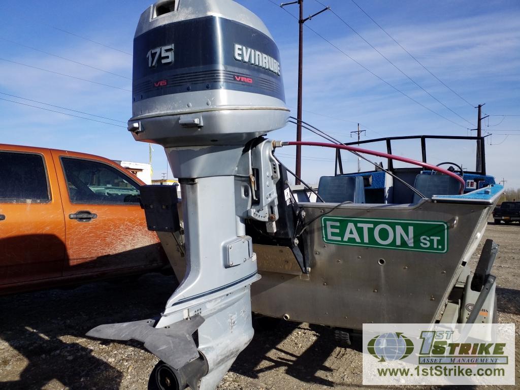 BOAT, HEWESCRAFT 18 FOOT RIVER RUNNER. EVINRUDE OUTBOARD PROP, POWER LIFT. WITH 1986 TRAILER