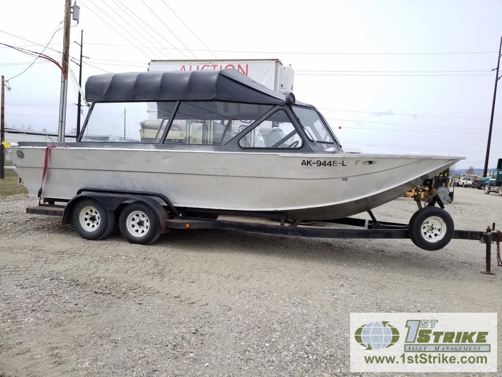 BOAT, DUCKWORTH RIVER BOAT, 23FT X 8FT, INBOARD 212 HAMILTON JET, 454 MOTOR. WITH TRAILER