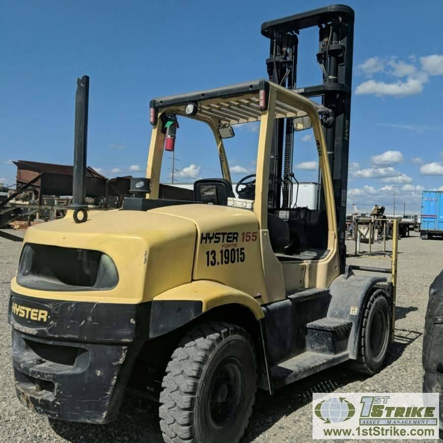 FORKLIFT, 2008 HYSTER H155FT, 4CYL CUMMINS DIESEL ENGINE, 13650 LIFT CAPACITY, WITH SIDE SHIFT, FORK