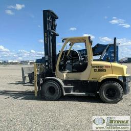 FORKLIFT, 2008 HYSTER H155FT, 4CYL CUMMINS DIESEL ENGINE, 13650 LIFT CAPACITY, WITH SIDE SHIFT, FORK