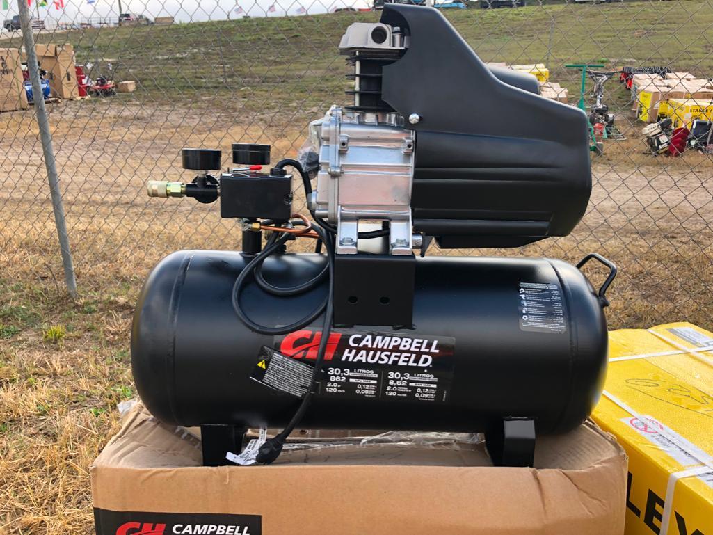 NEW CAMPBELL HAUSFELD 8 GALLON, 120V, 60HZ AIR COMPRESSOR NEW SUPPORT EQUIPMENT with 5pc tools.