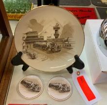 SET OF "PETROLEUM CARRIERS" MACK TRUCK TRACTOR & TRAILER DISPLAY PLATE WITH STAND & (2) COASTERS