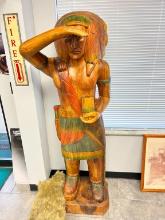 HANDCARVED TEAKWOOD AMERICAN INDIAN STATUE WITH WOLFE HYDE, 70IN. H X 24IN. W X 20IN. D COLLECTIBLE