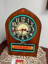 1920'S VINTAGE ELECTRIC AD CLOCK CO. OF CHICAGO, ILL NEON CLOCK WITH ROTATING DISPLAY ADS, PORCELAIN