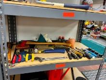 CONTENTS OF SHELF: (3) AXES, ASSORTED SCREWDRIVERS, WIRE STRIPPERS, ADJUSTABLE WRENCH SUPPORT