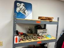 CONTENTS OF TOP (2) SHELVES: MICHELIN MAN SIGN, QUANTITY OF CABLE CLAMPS, ASSORTED SIZE SHACKLES,
