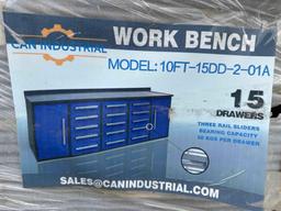 CAN INDUSTRIAL 10FT. WORKBENCH NEW SUPPORT EQUIPMENT 15 drawer w/2-cabinets.