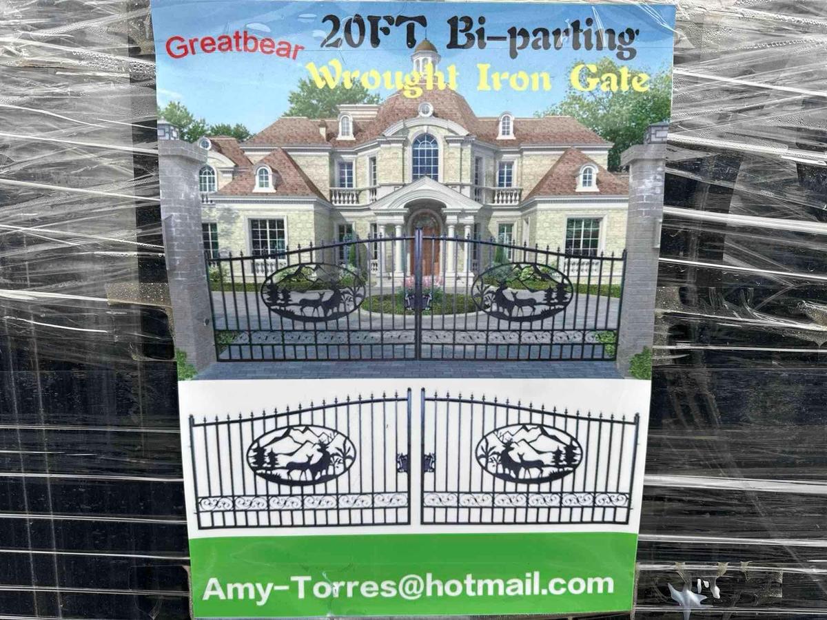 NEW GREATBEAR 20FT. BI-PARTING WROUGHT IRON GATE NEW SUPPORT EQUIPMENT With artwork "Deer" in the