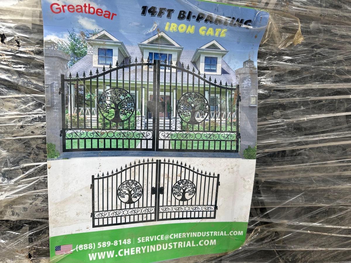 NEW GREATBEAR 14FT. BI-PARTING WROUGHT IRON GATE NEW SUPPORT EQUIPMENT With artwork "Tree" in the