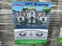 NEW GREATBEAR 20FT. BI-PARTING WROUGHT IRON GATE NEW SUPPORT EQUIPMENT With artwork "Deer" in the