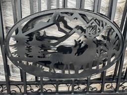 NEW GREATBEAR 14FT. BI-PARTING WROUGHT IRON GATE NEW SUPPORT EQUIPMENT With artwork "Deer" in the