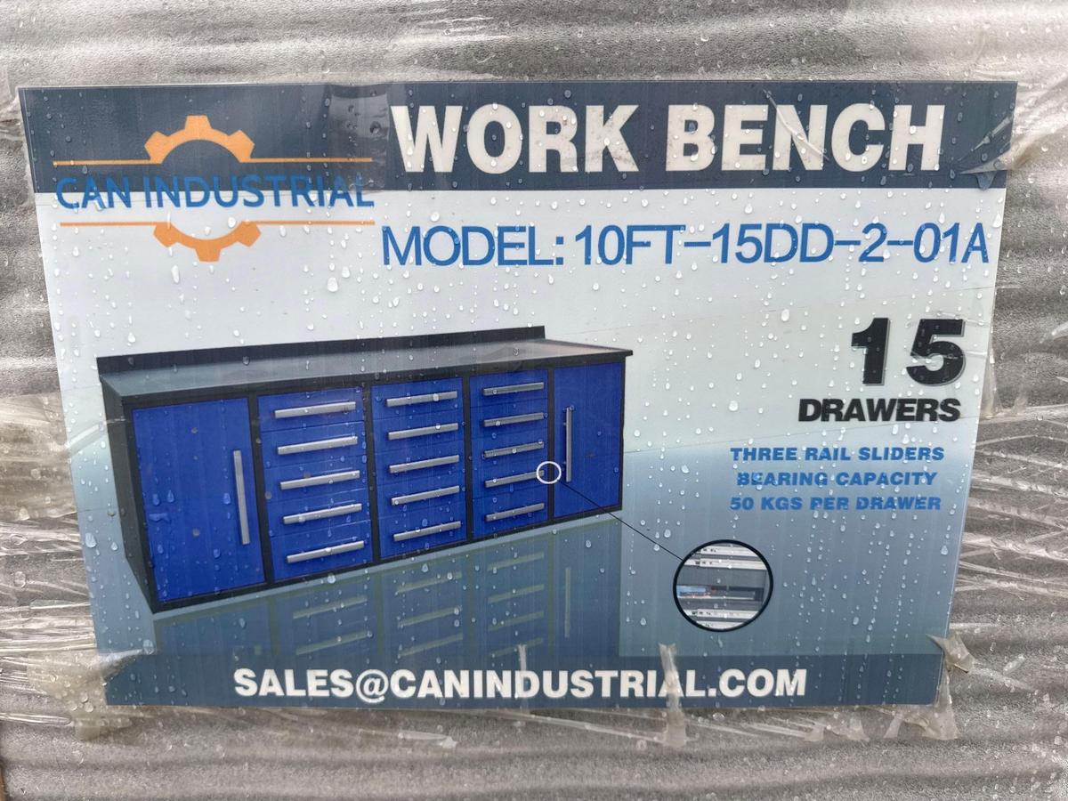 CAN INDUSTRIAL 10FT. WORKBENCH NEW SUPPORT EQUIPMENT 15 drawer w/2-cabinets.