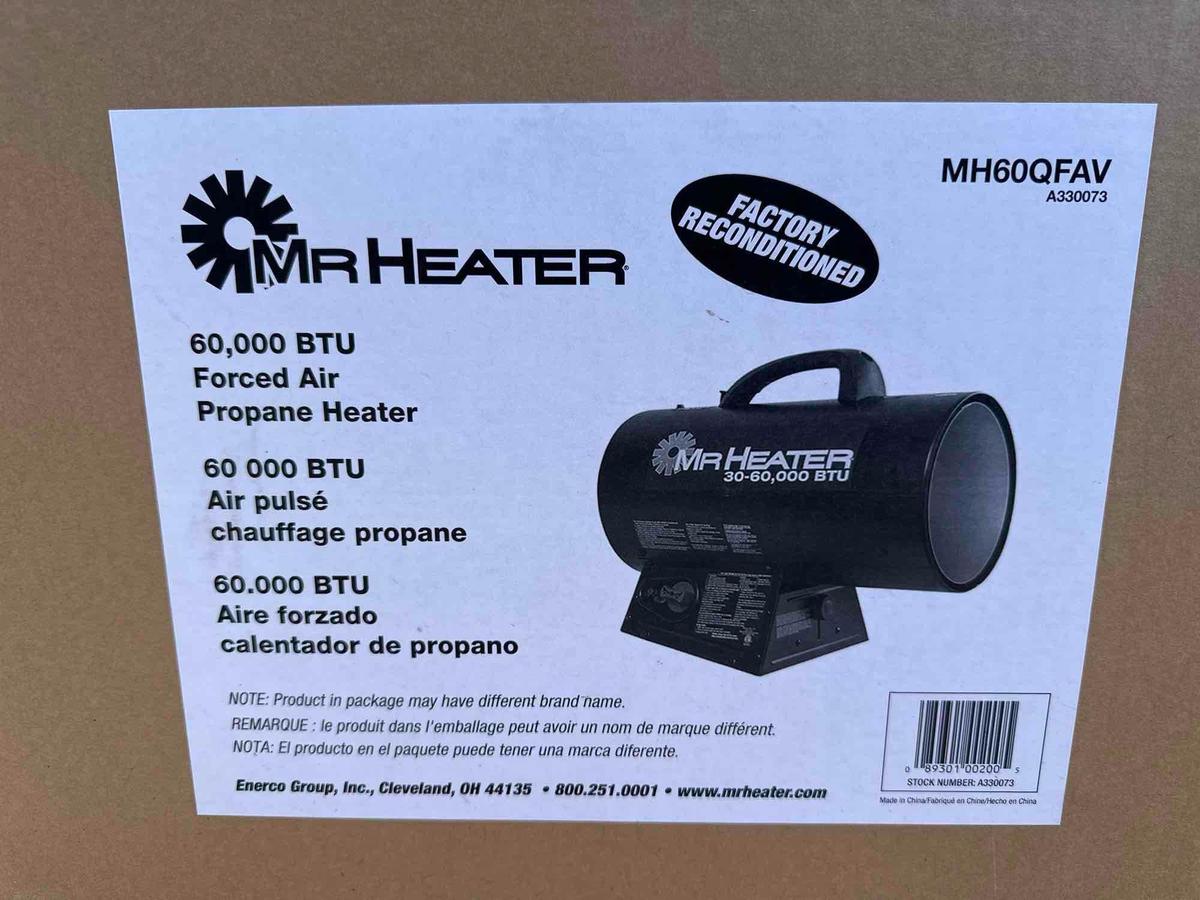 NEW MR. HEATER 60,000 BTU FORCED AIR HEATER NEW SUPPORT EQUIPMENT