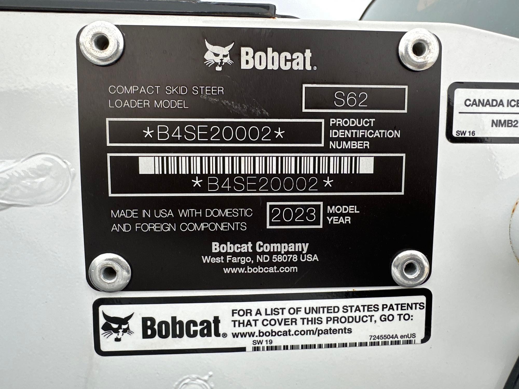 2023 BOBCAT S62 SKID STEER SN-200002... powered by diesel engine, equipped with rollcage, auxiliary