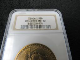 1908 $20 St. Gaudens Gold Coin - No Motto-