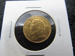 1922 20 Swiss Francs Helvetia Gold Coin AU/BU-