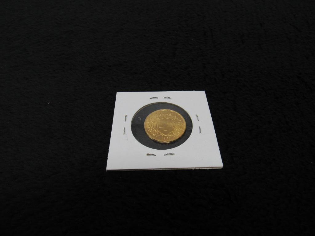 1922 20 Swiss Francs Helvetia Gold Coin AU/BU-