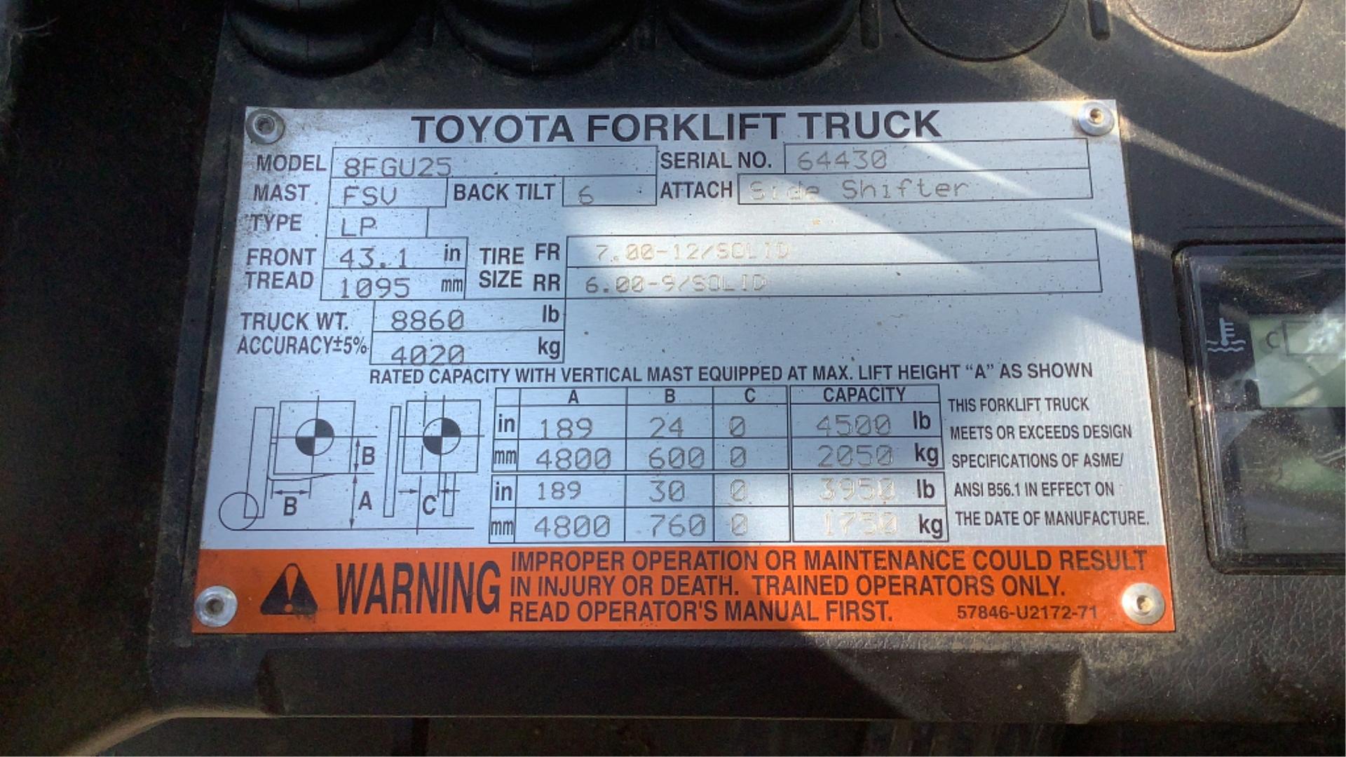 2015 Toyota 4,500Lb Propane Forklift 8FGU25