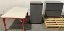 Mini Refrigerator, Table& Filing Cabinet