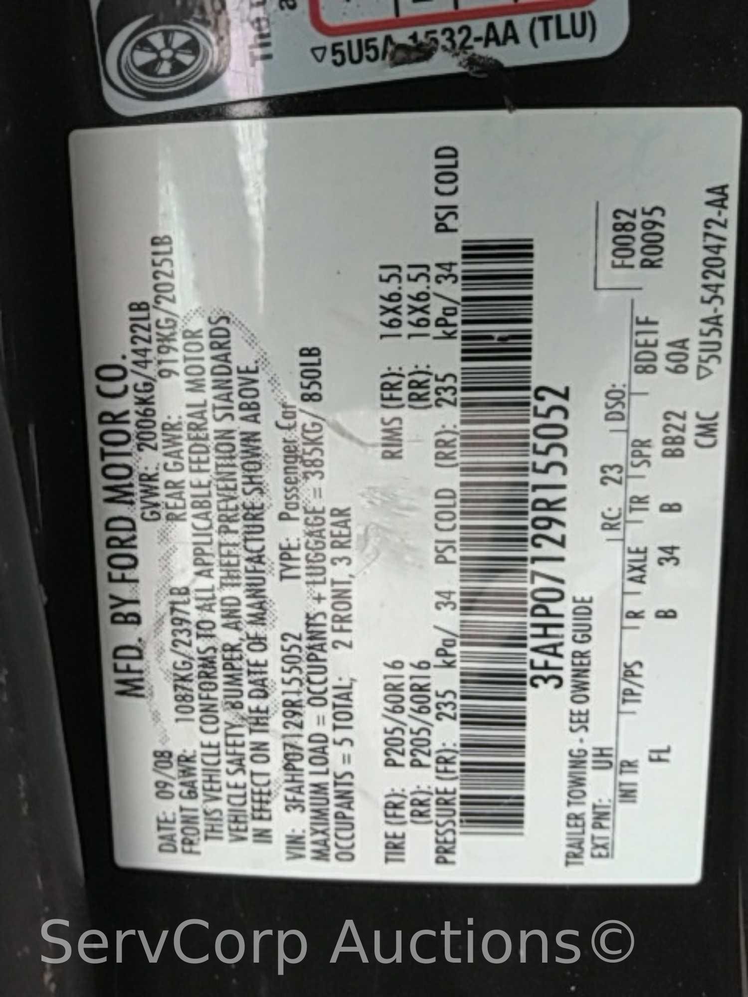 2009 Ford Fusion Passenger Car, VIN # 3FAHP07129R155052