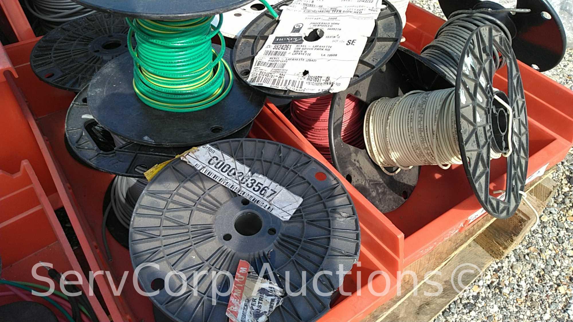 Lot on Pallet of 12-gauge jack chains, carburetor hose, various spools of wire: 12AWG, 16AWG, 14AWG,